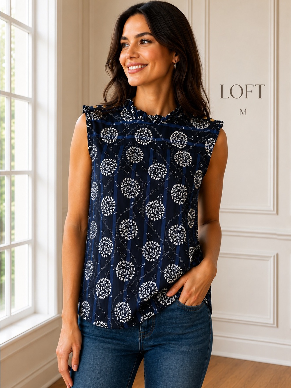 LOFT Navy Floral Sleeveless Ruffle Mock Neck Top Gold Tone Button Accents Medium